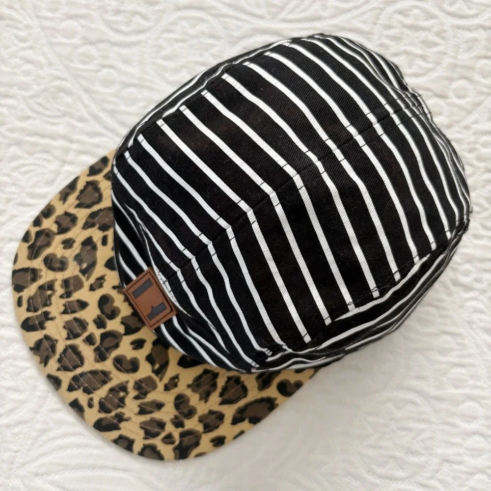 Beau Hudson Kids' 5 Panel Cap, BW Stripes on Leopard Bill